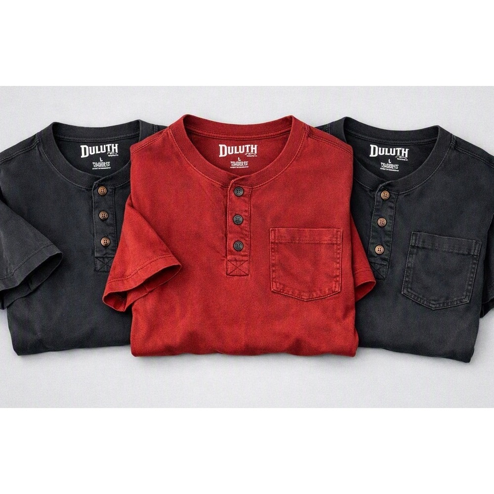 Duluth Trading Company Mens Longtail T Henley Shirt Bundle 3 Pack Red Black L